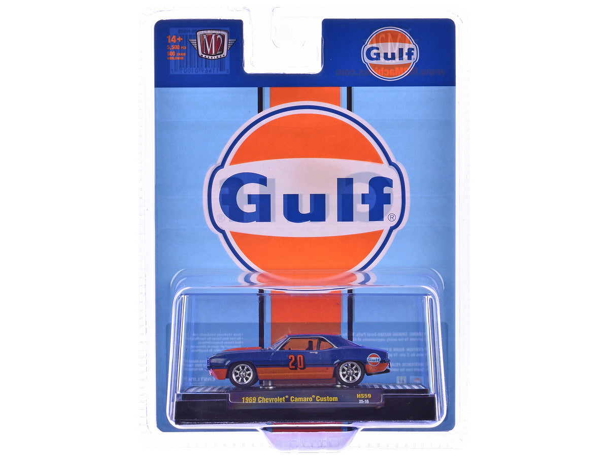 1969 Chevrolet Camaro Custom #20 "Gulf Oil" Dark Blue and Orange Limited Edition to 5500 pieces Worldwide 1/64 Diecast Model Car by M2 Machines-1