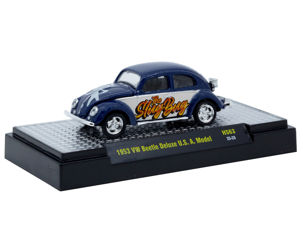 1953 Volkswagen Beetle Deluxe USA Model "The Slug Bug" Blue Metallic with White Sides Limited Edition to 5566 pieces Worldwide 1/64 Diecast Model Car by M2 Machines-0