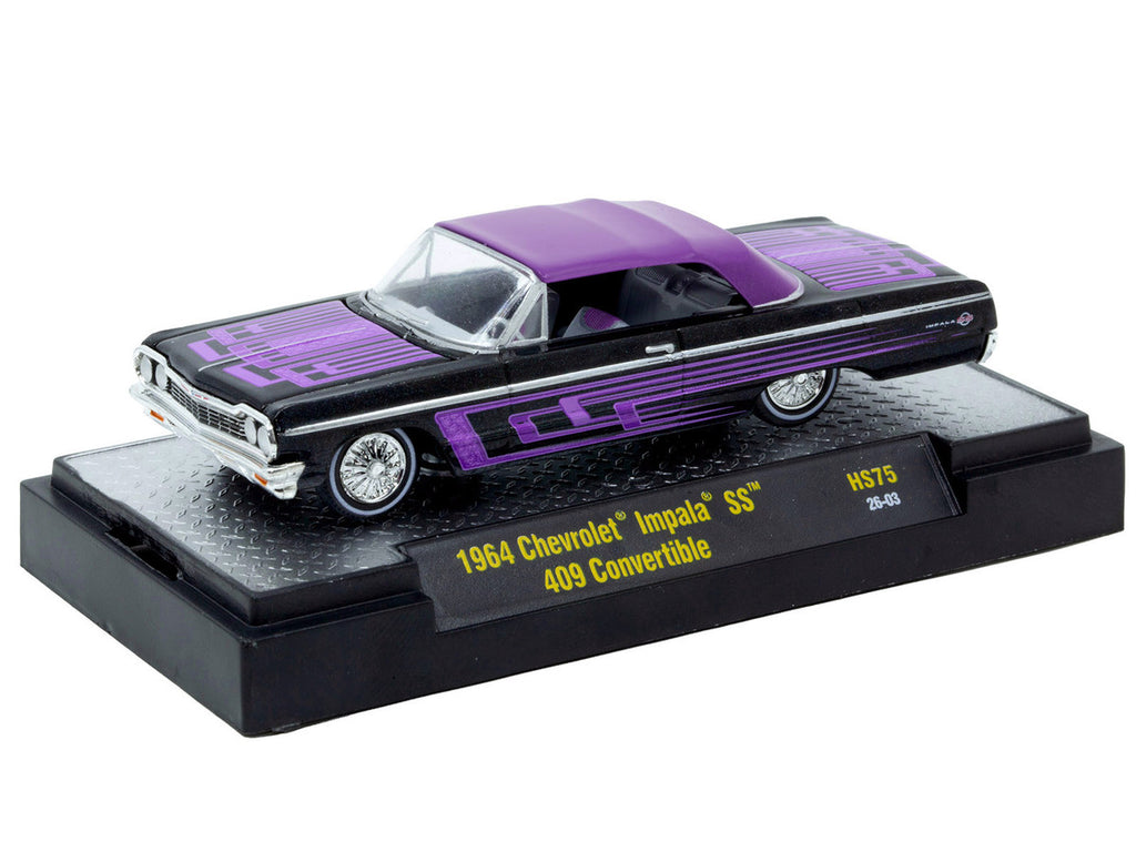1964 Chevrolet Impala SS 409 Convertible Black Metallic with Purple Graphics and Purple Soft Top Limited Edition to 11000 pieces Worldwide 1/64 Diecast Model Car by M2 Machines-0