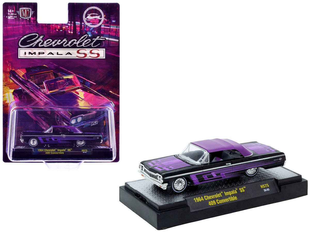 1964 Chevrolet Impala SS 409 Convertible Black Metallic with Purple Graphics and Purple Soft Top Limited Edition to 11000 pieces Worldwide 1/64 Diecast Model Car by M2 Machines-2
