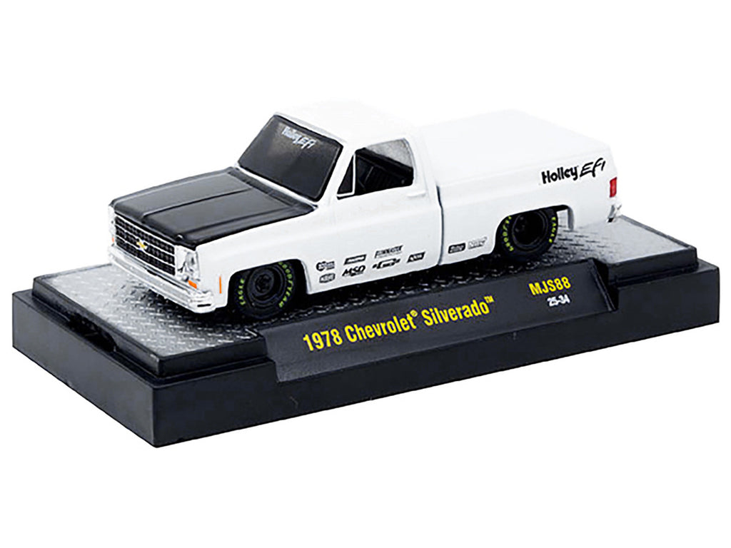 1978 Chevrolet Silverado Pickup Truck "Holley EFI" White with Black Hood Limited Edition to 10120 pieces Worldwide 1/64 Diecast Model Car by M2 Machines-0