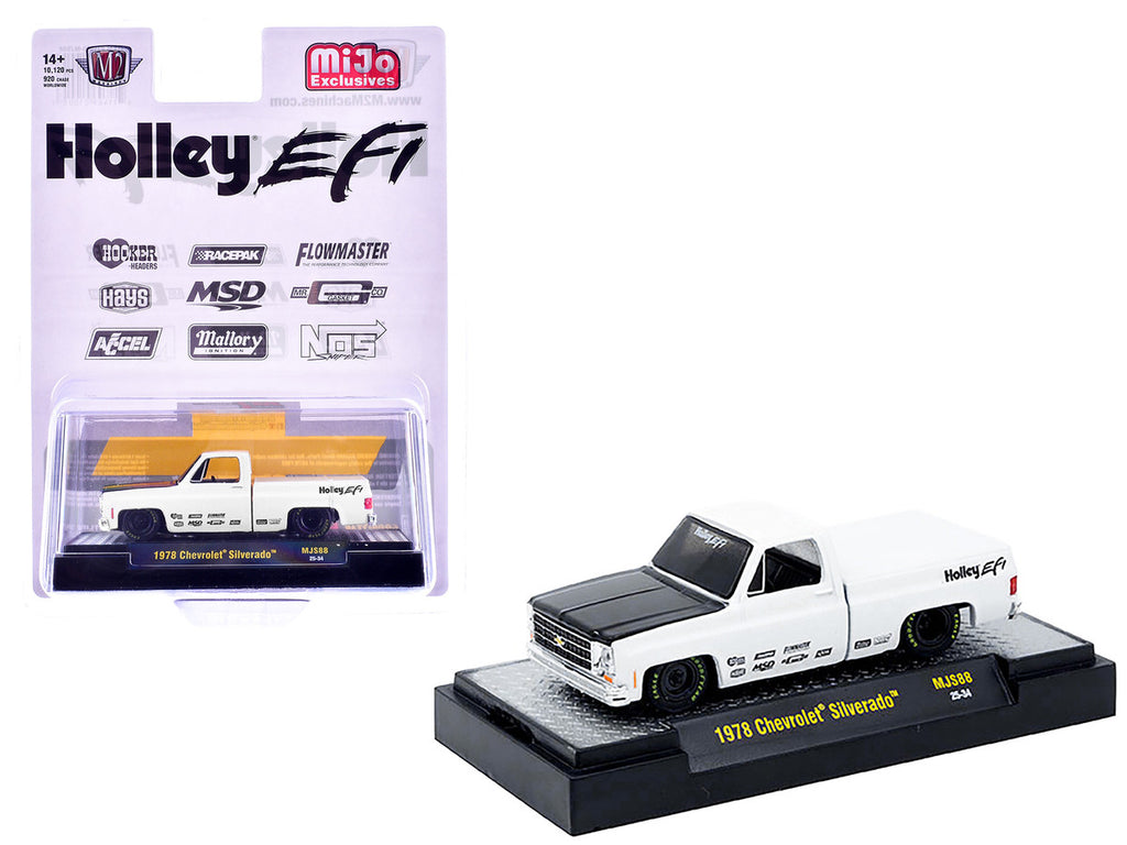 1978 Chevrolet Silverado Pickup Truck "Holley EFI" White with Black Hood Limited Edition to 10120 pieces Worldwide 1/64 Diecast Model Car by M2 Machines-2