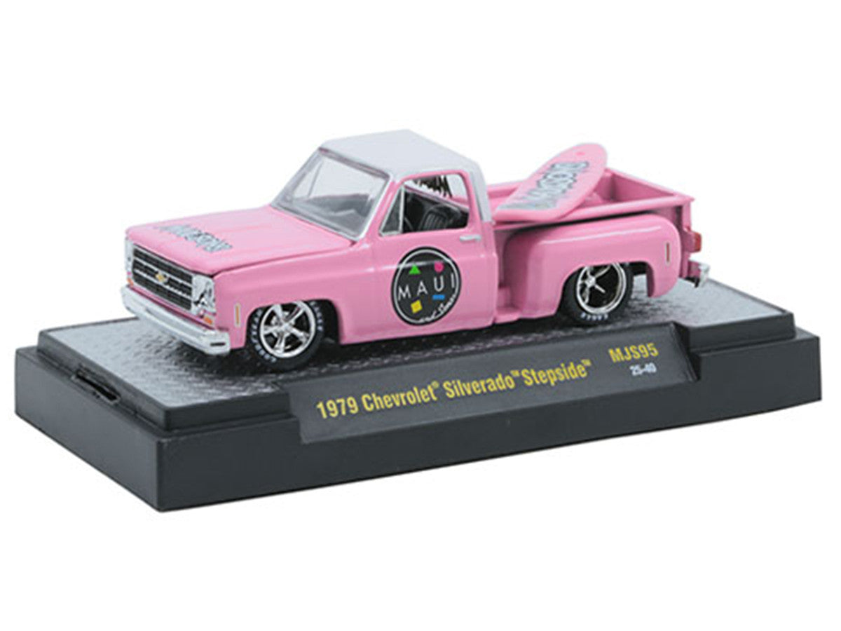 1979 Chevrolet Silverado Stepside Pickup Truck "Maui & Sons" Pink with White Top and Surfboard Limited Edition to 8360 pieces Worldwide 1/64 Diecast Model Car by M2 Machines-1