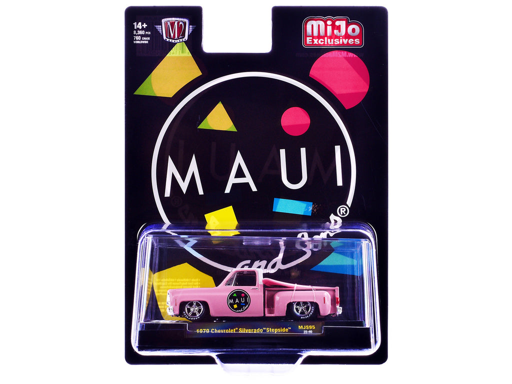 1979 Chevrolet Silverado Stepside Pickup Truck "Maui & Sons" Pink with White Top and Surfboard Limited Edition to 8360 pieces Worldwide 1/64 Diecast Model Car by M2 Machines-2