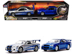 Brian's Nissan Skyline GT-R (BNR34) Silver with Blue Stripes and Nissan GT-R (BNR34) Blue Metallic Set of 2 pieces "25 Years of Fast & Furious" Series 1/32 Diecast Model Cars by Jada-0