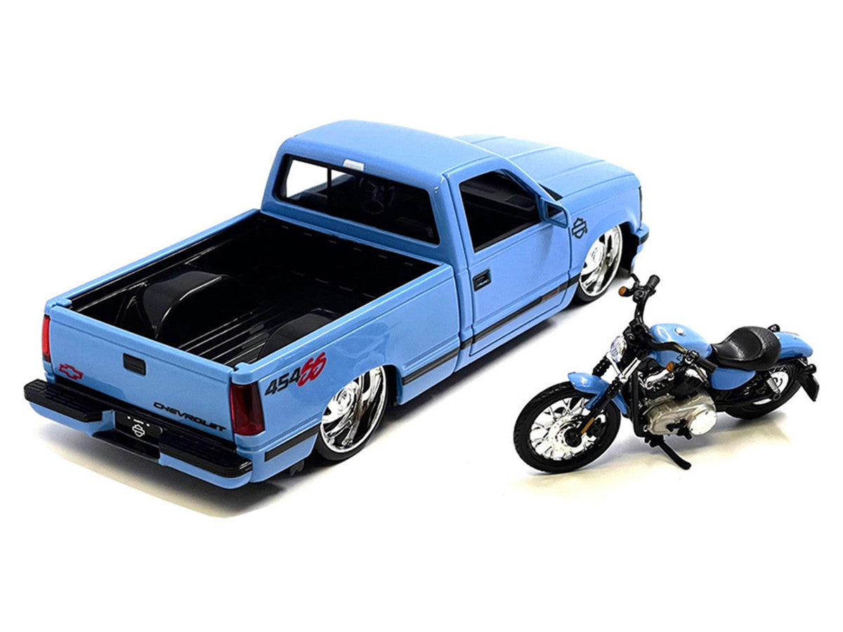 1993 Chevrolet 454 SS Pickup Truck "Harley Davidson" Light Blue and 2007 Harley-Davidson XL 1200N Nightster Motorcycle Light Blue "H-D Custom" Series 1/24 Diecast Model Car by Maisto-2