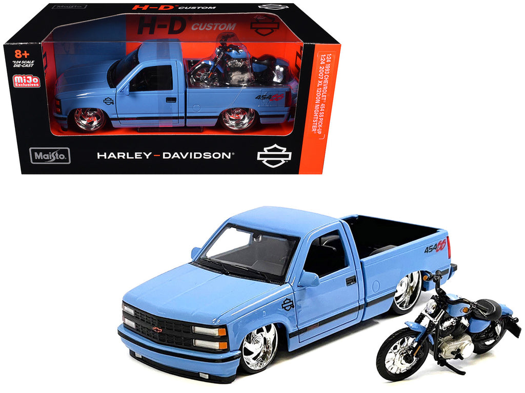 1993 Chevrolet 454 SS Pickup Truck "Harley Davidson" Light Blue and 2007 Harley-Davidson XL 1200N Nightster Motorcycle Light Blue "H-D Custom" Series 1/24 Diecast Model Car by Maisto-3