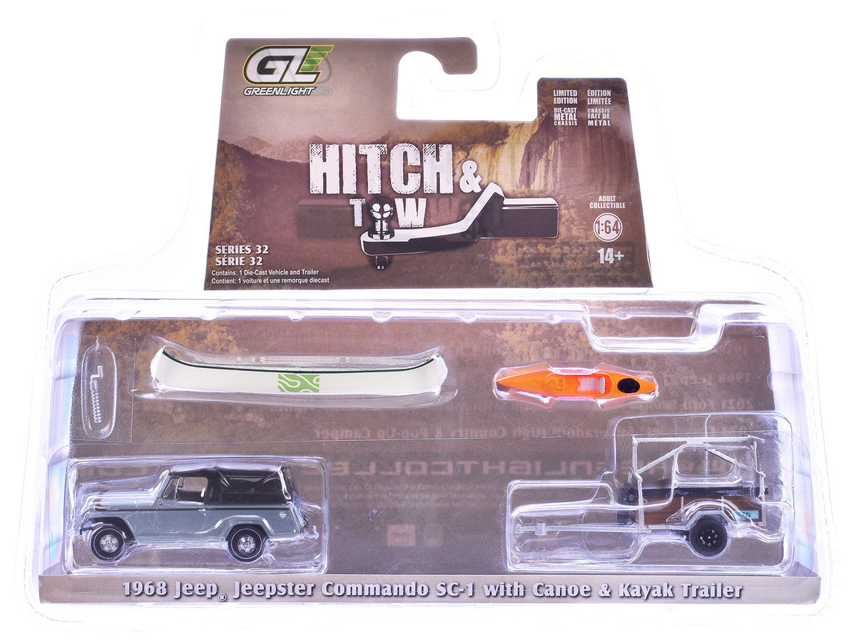 1968 Jeep Jeepster Commando SC-1 Gray with Black Stripes and Top with Canoe Trailer Canoe Rack Canoe and Kayak "Hitch & Tow" Series 32 1/64 Diecast Model Cars by Greenlight-0