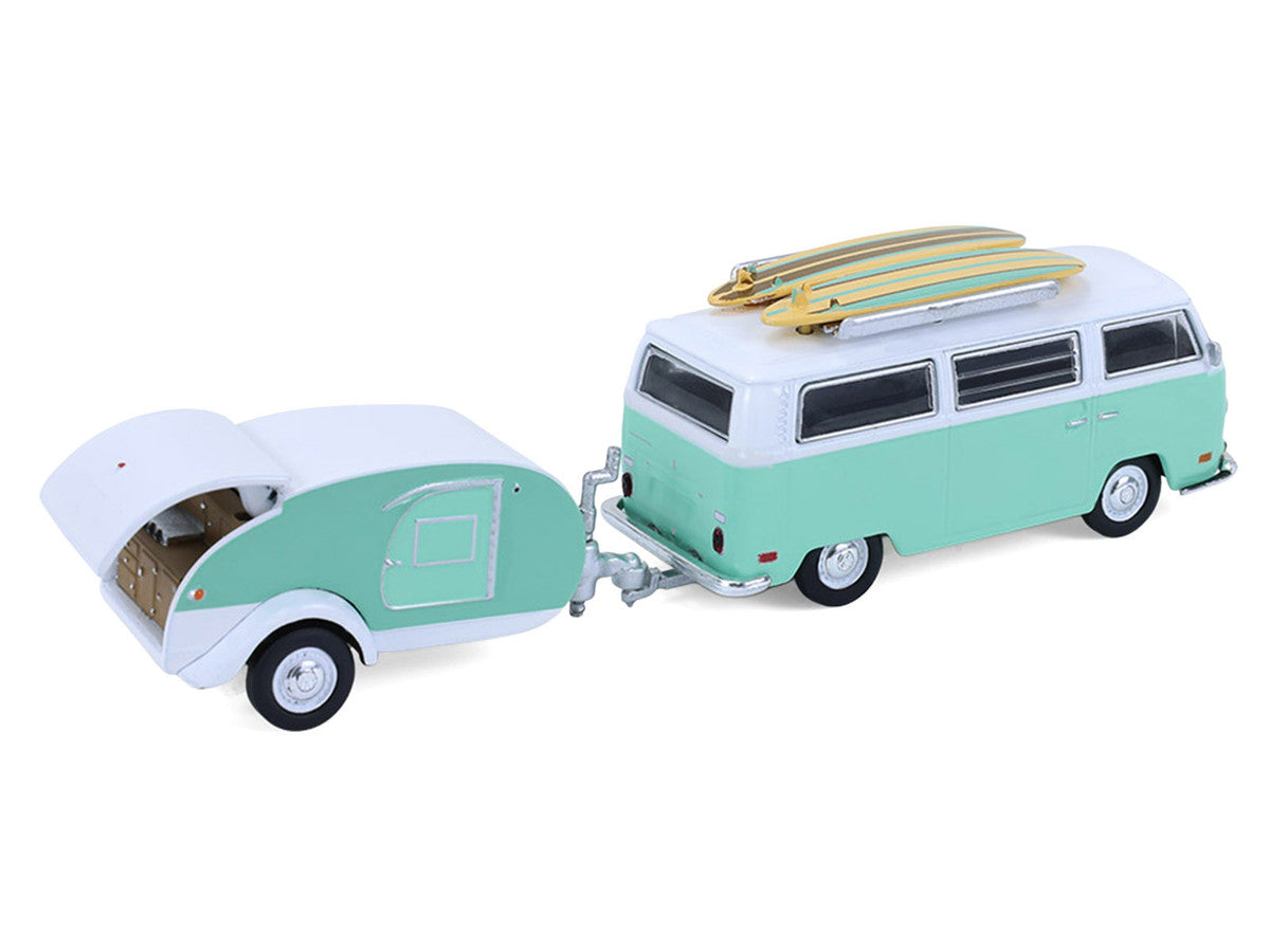 1971 Volkswagen Type 2 Van Seafoam Green and White with Surfboards and Teardrop Trailer "Hitch & Tow" Series 33 1/64 Diecast Model Cars by Greenlight-2