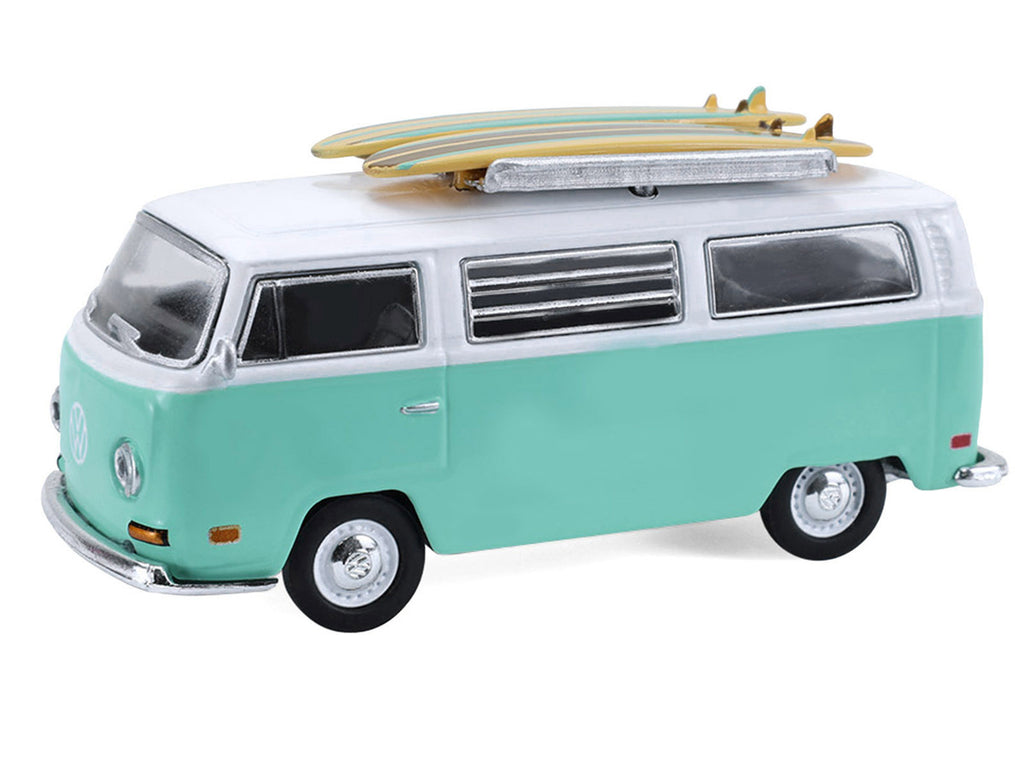 1971 Volkswagen Type 2 Van Seafoam Green and White with Surfboards and Teardrop Trailer "Hitch & Tow" Series 33 1/64 Diecast Model Cars by Greenlight-3