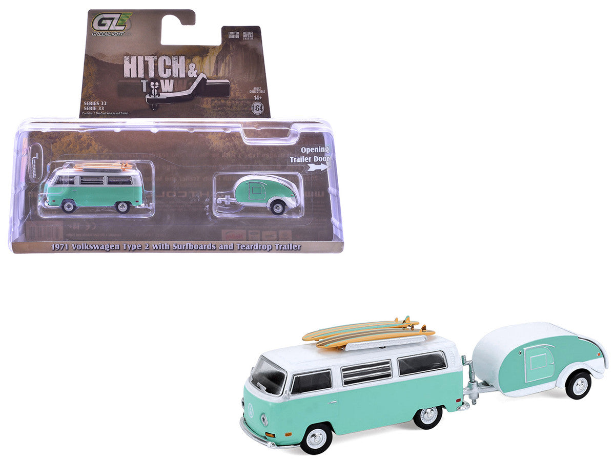 1971 Volkswagen Type 2 Van Seafoam Green and White with Surfboards and Teardrop Trailer "Hitch & Tow" Series 33 1/64 Diecast Model Cars by Greenlight-0