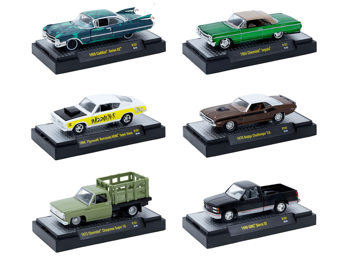 "Auto-Thentics" 6 piece Set Release 107 IN DISPLAY CASES Limited Edition 1/64 Diecast Model Cars by M2 Machines-0