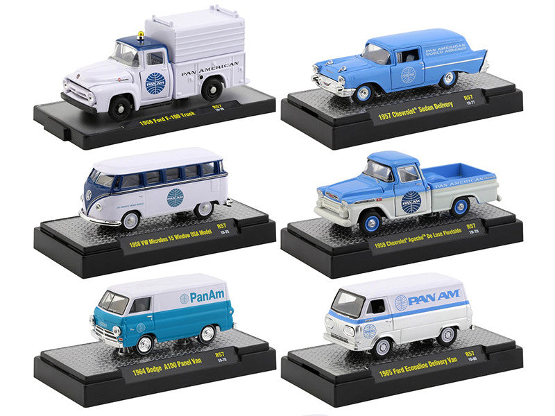 "Auto Trucks" Set of 6 pieces Release 57 "Pan American World Airways" (Pan Am) IN DISPLAY CASES 1/64 Diecast Model Cars by M2 Machines-0