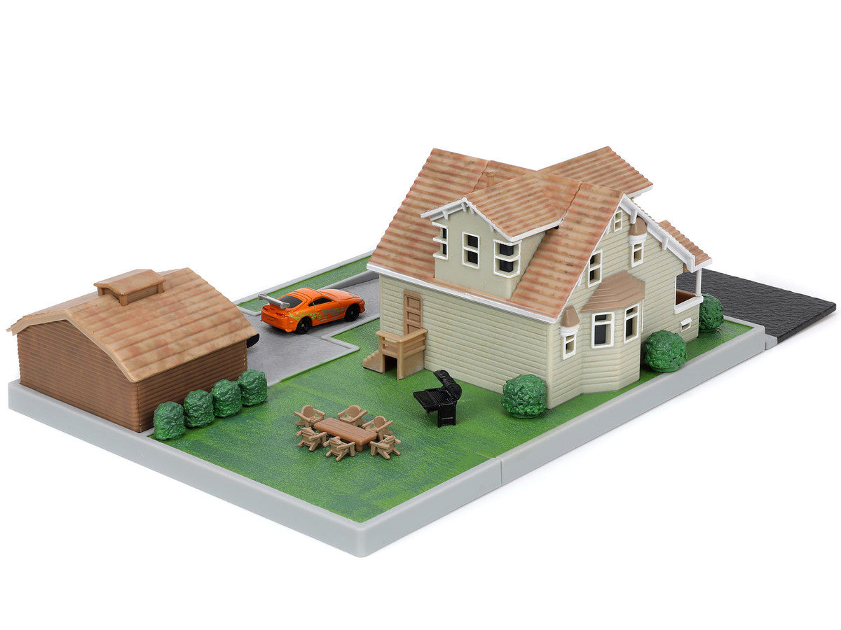 Toretto House Diorama with Dodge Charger Black and Toyota Supra Orange with Graphics "Fast and Furious" "Nano Scene" Series Models by Jada-3