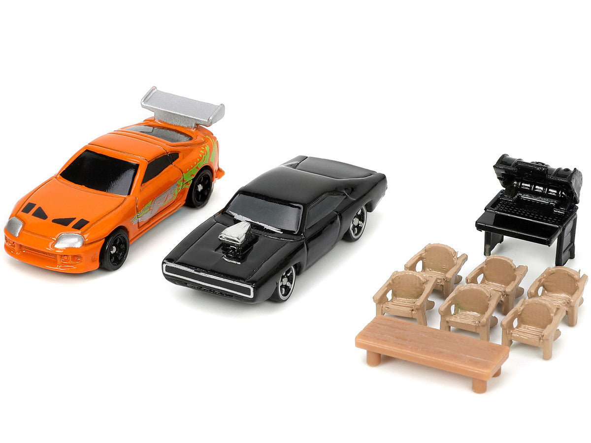 Toretto House Diorama with Dodge Charger Black and Toyota Supra Orange with Graphics "Fast and Furious" "Nano Scene" Series Models by Jada-4