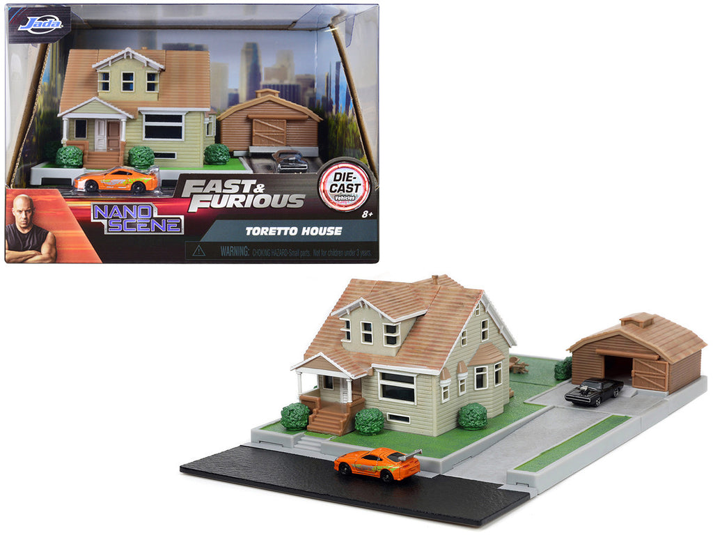 Toretto House Diorama with Dodge Charger Black and Toyota Supra Orange with Graphics "Fast and Furious" "Nano Scene" Series Models by Jada-0