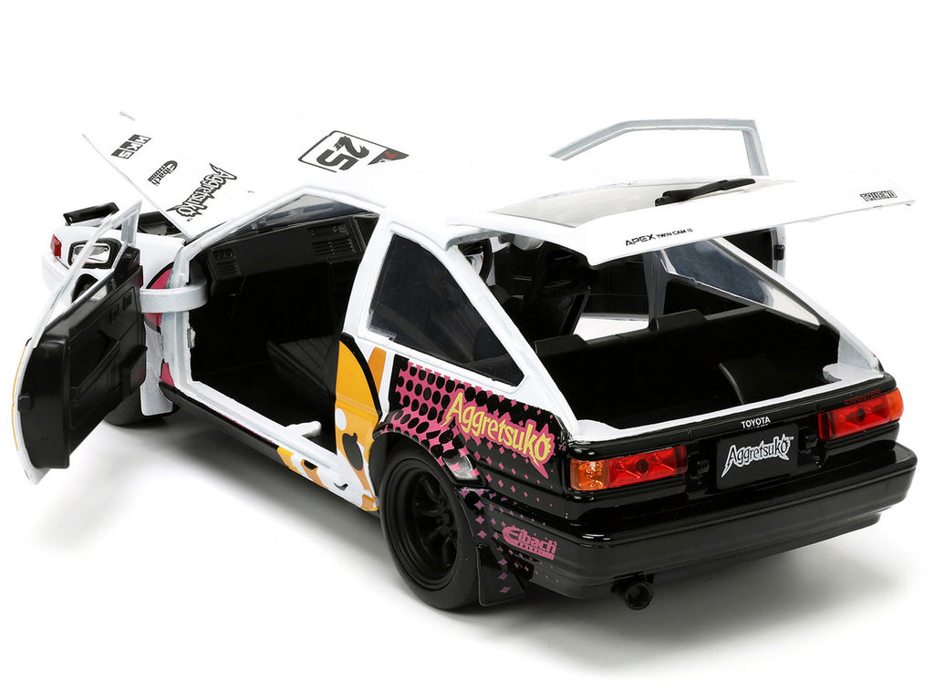 1986 Toyota Trueno (AE86) RHD (Right Hand Drive) #25 White with Graphics and Aggretsuko Diecast Figure "Aggretsuko" "Anime Hollywood Rides" Series 1/24 Diecast Model Car by Jada-3