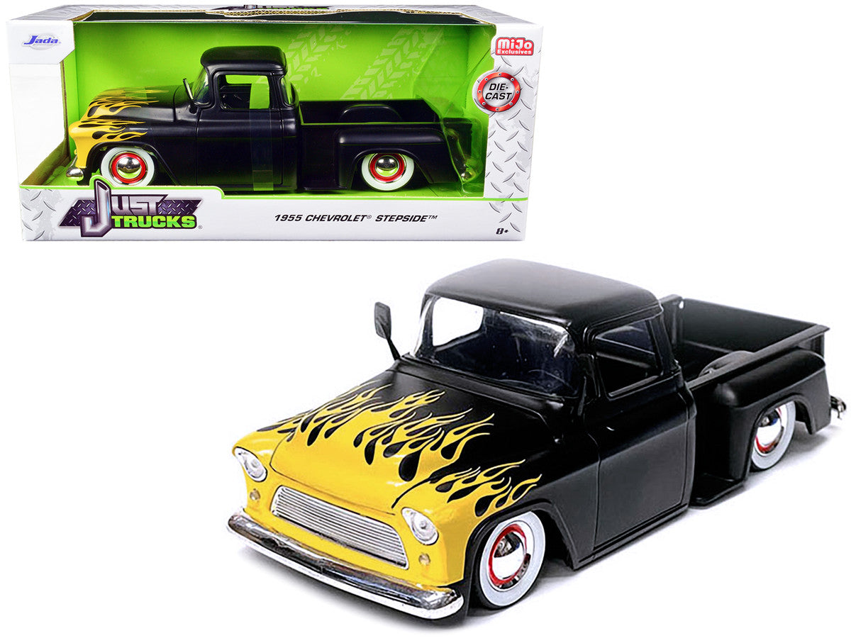 1955 Chevrolet Stepside Pickup Truck Matt Black with Yellow Flames "Just Trucks" Series 1/24 Diecast Model Car by Jada-0