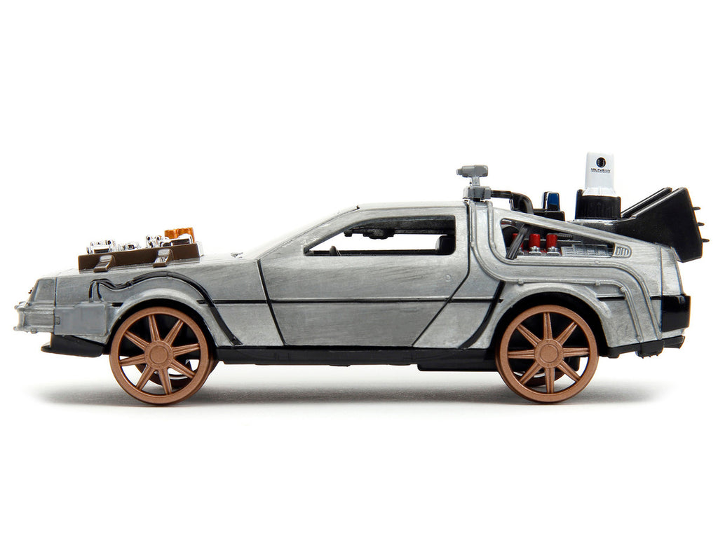 DeLorean DMC (Time Machine) Brushed Metal Train Wheel Version "Back to the Future Part III" (1990) Movie "Hollywood Rides" Series 1/32 Diecast Model Car by Jada-1
