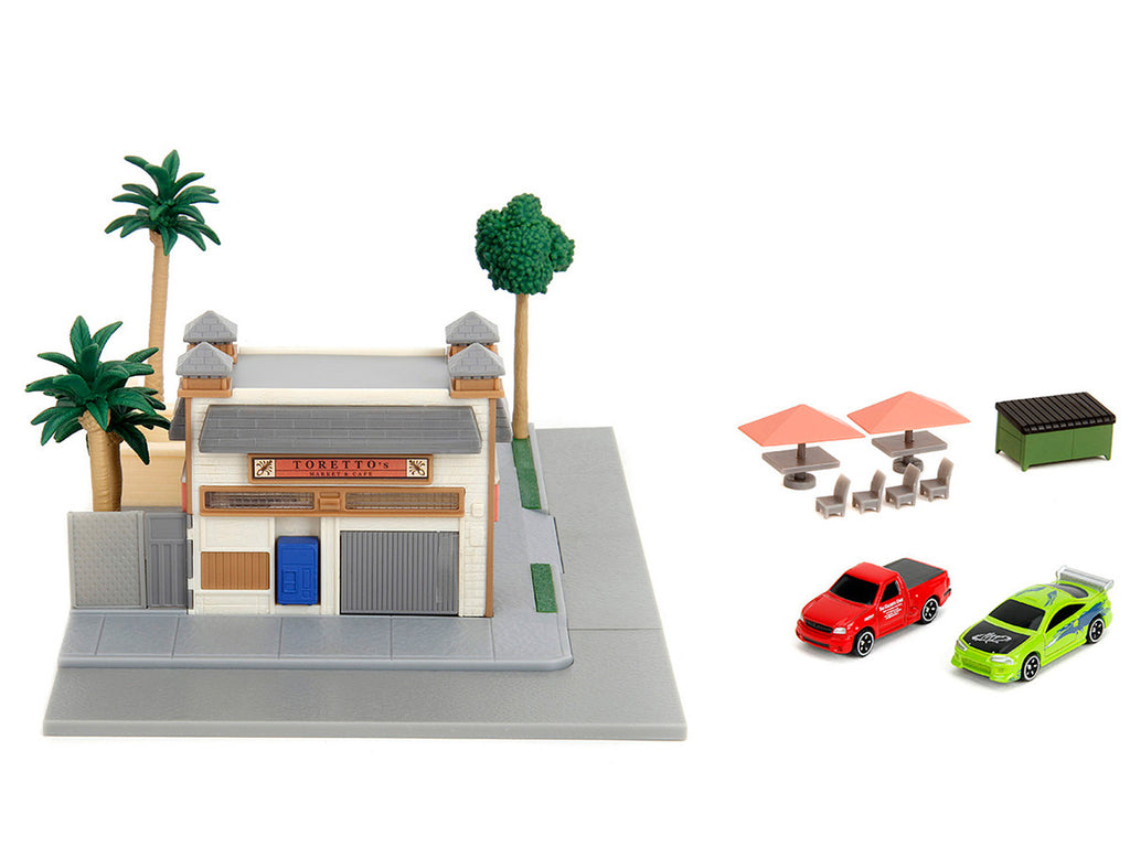 Toretto Cafe Diorama with Mitsubishi Eclipse Green and Ford F-150 SVT Lightning Red "Fast and Furious" "Nano Scene" Series Model by Jada-1