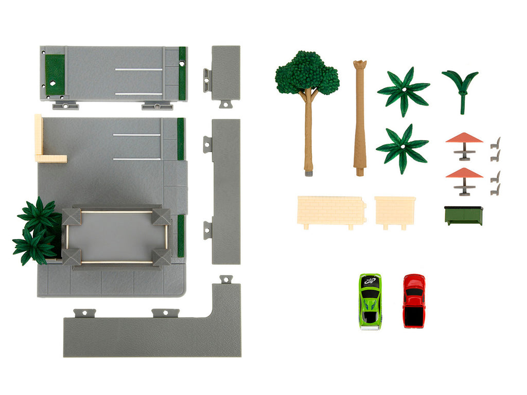Toretto Cafe Diorama with Mitsubishi Eclipse Green and Ford F-150 SVT Lightning Red "Fast and Furious" "Nano Scene" Series Model by Jada-2