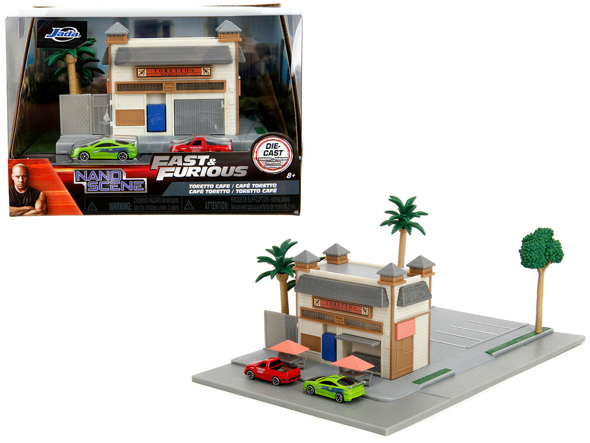 Toretto Cafe Diorama with Mitsubishi Eclipse Green and Ford F-150 SVT Lightning Red "Fast and Furious" "Nano Scene" Series Model by Jada-0