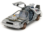 DeLorean Brushed Metal Time Machine (Train Wheel Version) with Lights "Back to the Future Part III" (1990) Movie "Hollywood Rides" Series 1/24 Diecast Model Car by Jada-1