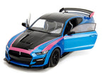 Ford Mustang Shelby GT500 Blue Metallic with Pink Stripes and Black Hood and Top "Pink Slips" Series 1/18 Diecast Model Car by Jada-2