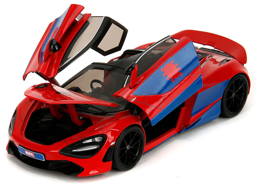 McLaren 720S Red and Blue with Black Top and Graphics and Spider-Man Diecast Figure "Marvel Spider-Man" "Hollywood Rides" Series 1/24 Diecast Model Car by Jada-1