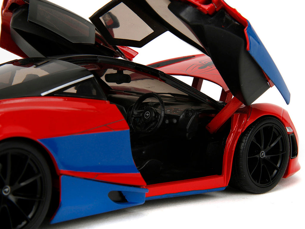 McLaren 720S Red and Blue with Black Top and Graphics and Spider-Man Diecast Figure "Marvel Spider-Man" "Hollywood Rides" Series 1/24 Diecast Model Car by Jada-3