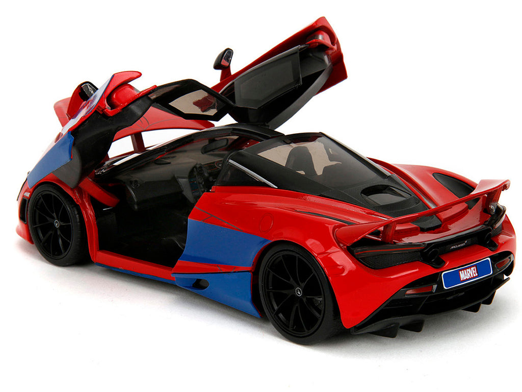 McLaren 720S Red and Blue with Black Top and Graphics and Spider-Man Diecast Figure "Marvel Spider-Man" "Hollywood Rides" Series 1/24 Diecast Model Car by Jada-2