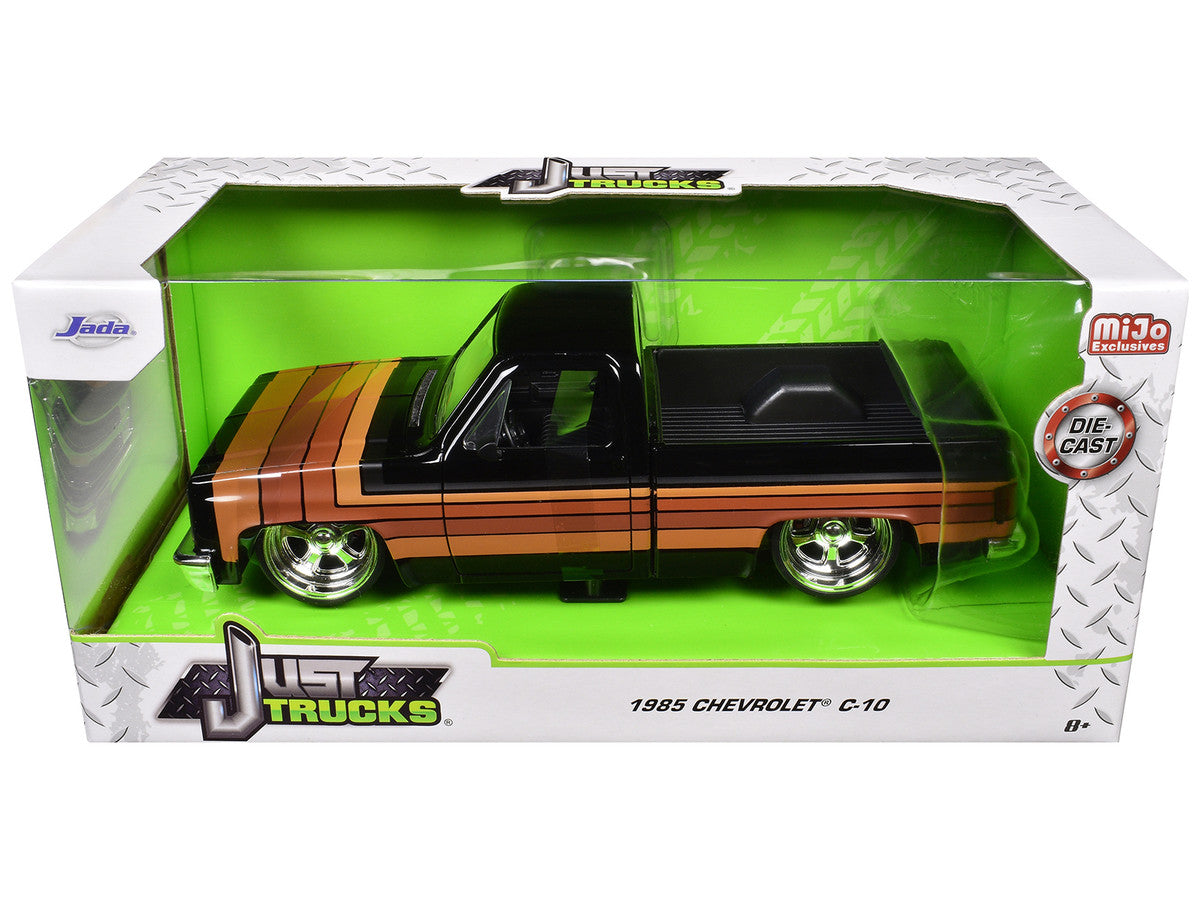 1985 Chevrolet C-10 Pickup Truck Black with Stripes and Paradox Wheels "Just Trucks" Series 1/24 Diecast Model Car by Jada-1