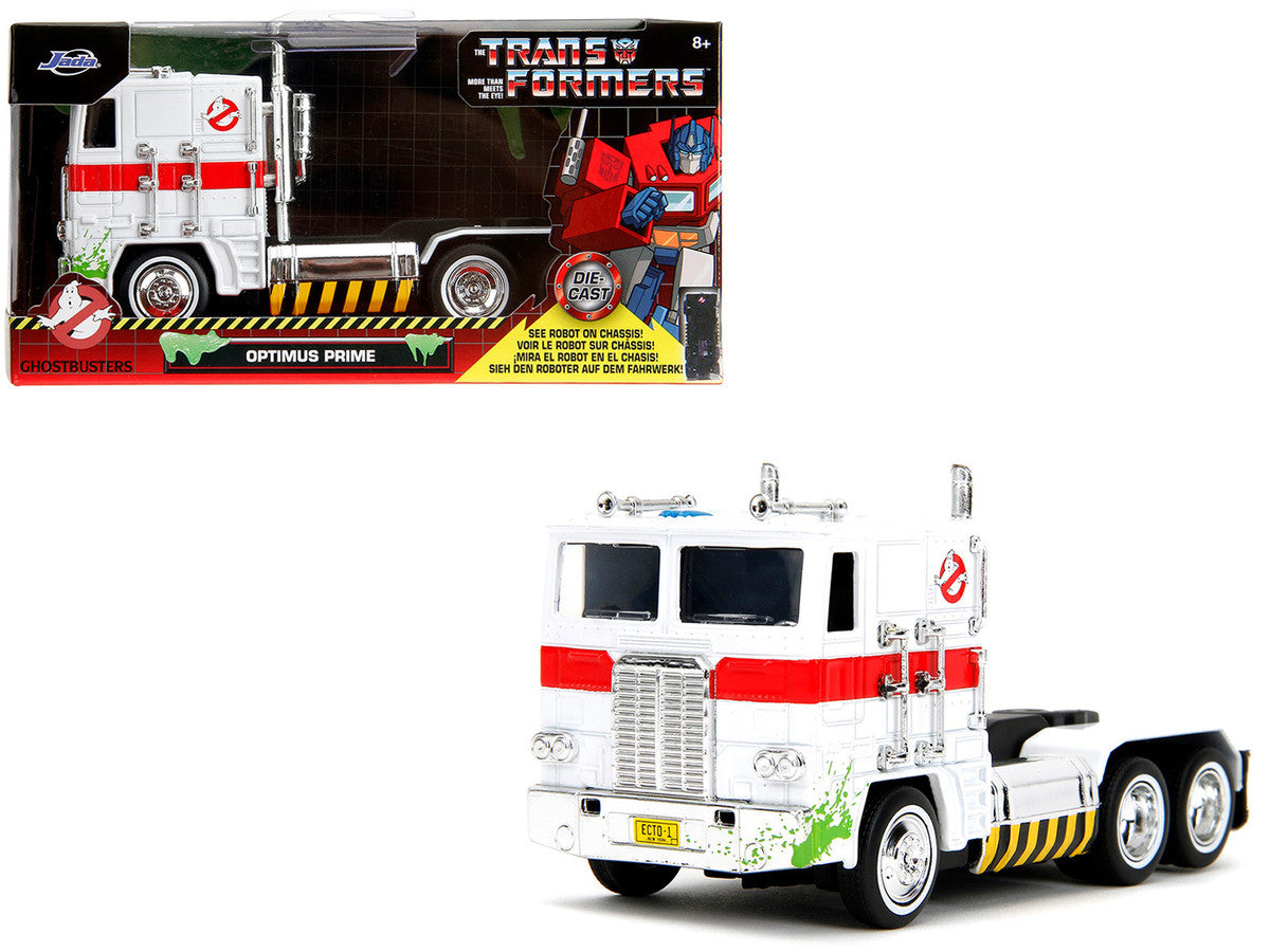 G1 Autobot Optimus Prime Truck White with Robot on Chassis from "Transformers" TV Series - "Ghostbusters" (1984) Movie Crossover "Hollywood Rides" Series Diecast Model by Jada-4