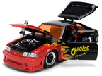 1989 Ford Mustang GT Black with Red Flame Graphics and Chester Cheetah Diecast Figure "Cheetos Flamin' Hot" "Hollywood Rides" Series 1/24 Diecast Model Car by Jada-3