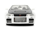 2002 Nissan Skyline GT-R (R34) RHD (Right Hand Drive) "HKS Power" White with Carbon Hood and Graphics "JDM Tuners" Series 1/24 Diecast Model Car by Jada-1