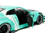Nissan GT-R (R35) Liberty Walk Body Kit 2.0 RHD (Right Hand Drive) Light Blue with Black Hood and White Stripes "Pink Slips" Series 1/18 Diecast Model Car by Jada-1