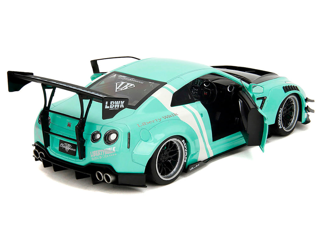 Nissan GT-R (R35) Liberty Walk Body Kit 2.0 RHD (Right Hand Drive) Light Blue with Black Hood and White Stripes "Pink Slips" Series 1/18 Diecast Model Car by Jada-0
