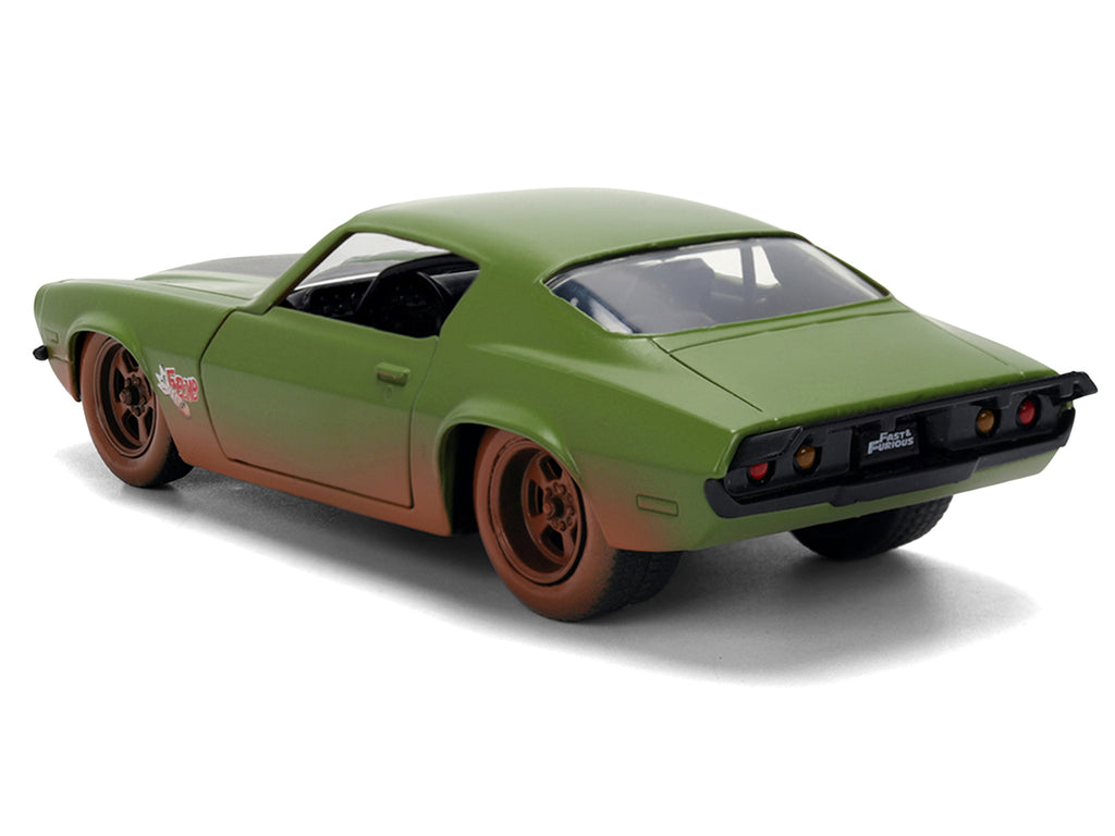 Dom's 1973 Chevrolet Camaro "F-Bomb" Matt Green (Dirty Version) with Black Hood Stripe "Fast & Furious" (2009) Movie "Fast & Furious 25 Years" Series 1/32 Diecast Model Car by Jada
