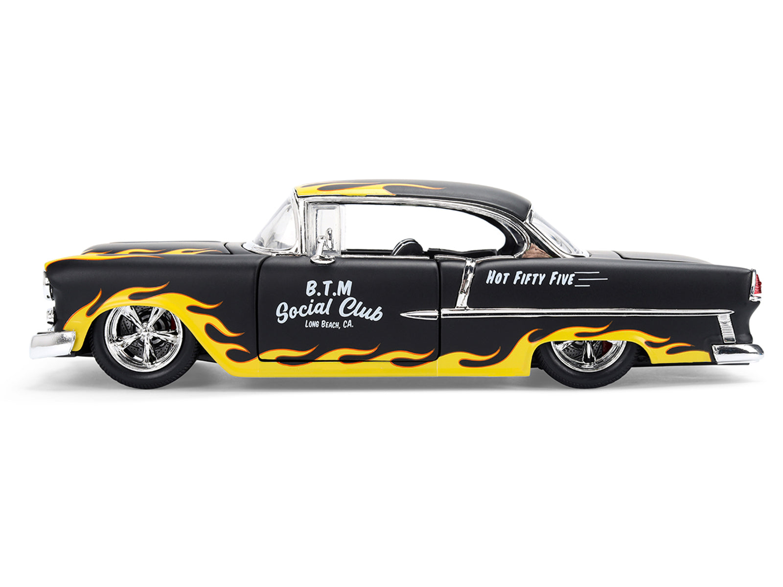 1955 Chevrolet Bel Air "BTM Social Club" Matt Black with Flames "Bigtime Muscle" Series 1/24 Diecast Model Car by Jada
