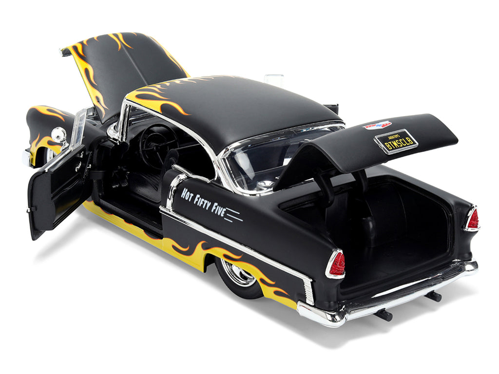 1955 Chevrolet Bel Air "BTM Social Club" Matt Black with Flames "Bigtime Muscle" Series 1/24 Diecast Model Car by Jada