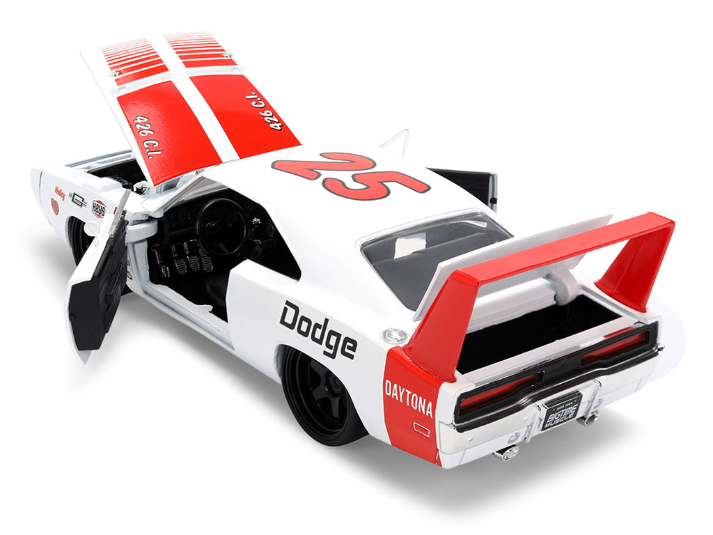 1969 Dodge Charger Daytona #25 White with Red Stripes "Bigtime Muscle" Series 1/24 Diecast Model Car by Jada