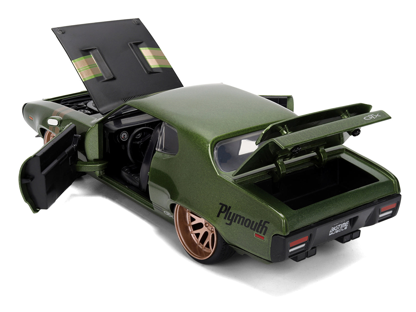 1972 Plymouth GTX Green Metallic with Matt Black Hood and Gold Stripes "Bigtime Muscle" Series 1/24 Diecast Model Car by Jada