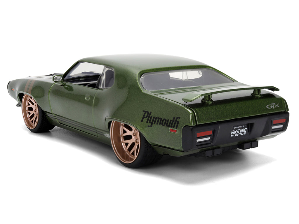 1972 Plymouth GTX Green Metallic with Matt Black Hood and Gold Stripes "Bigtime Muscle" Series 1/24 Diecast Model Car by Jada