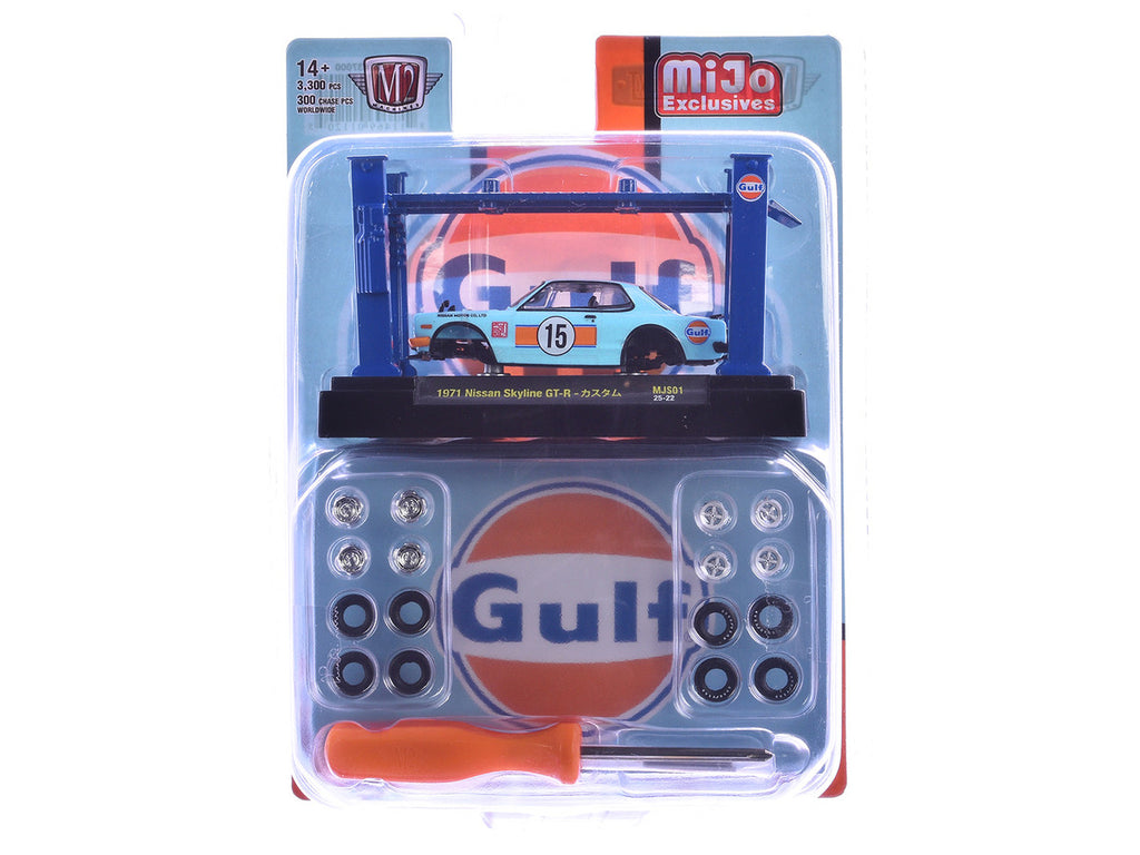 1971 Nissan Skyline GT-R RHD (Right Hand Drive) #15 "Gulf Oil" Light Blue and Orange "Auto-Lifts" Series Limited Edition to 3300 pieces Worldwide 1/64 Diecast Model Car by M2 Machines-1