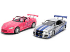Brian's Nissan Skyline GT-R (R34) Silver Metallic with Blue Stripes and Suki's Honda S2000 Pink with Graphics Set of 2 Cars "Fast & Furious 25th Anniversary" "Fast & Furious" Series 1/24 Diecast Model Cars by Jada-1