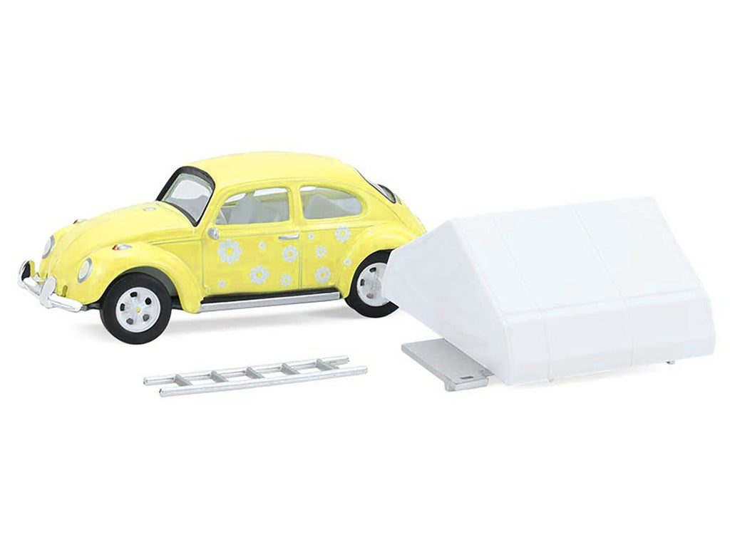 Volkswagen Classic Beetle Yellow with White Flower Graphics and Interior with Camp'otel Cartop Sleeper Tent "The Great Outdoors" Series 4 1/64 Diecast Model Car by Greenlight-0