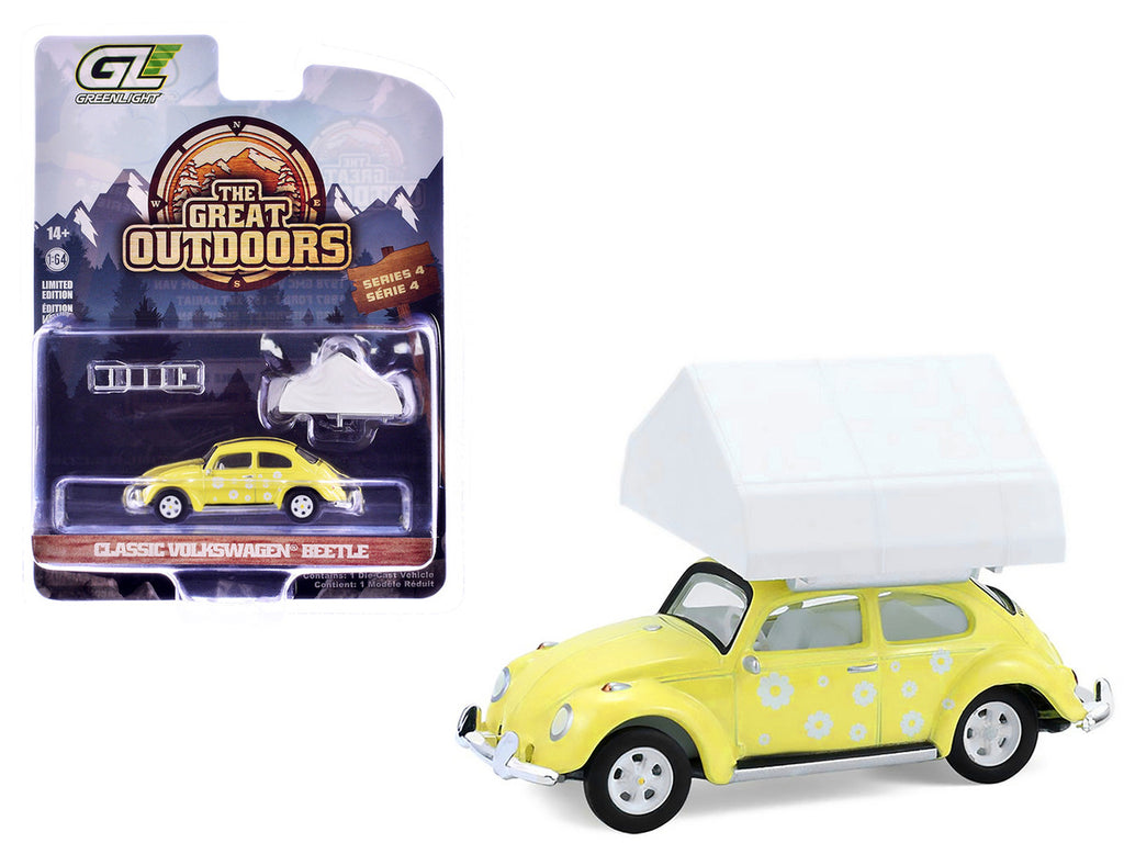 Volkswagen Classic Beetle Yellow with White Flower Graphics and Interior with Camp'otel Cartop Sleeper Tent "The Great Outdoors" Series 4 1/64 Diecast Model Car by Greenlight-4