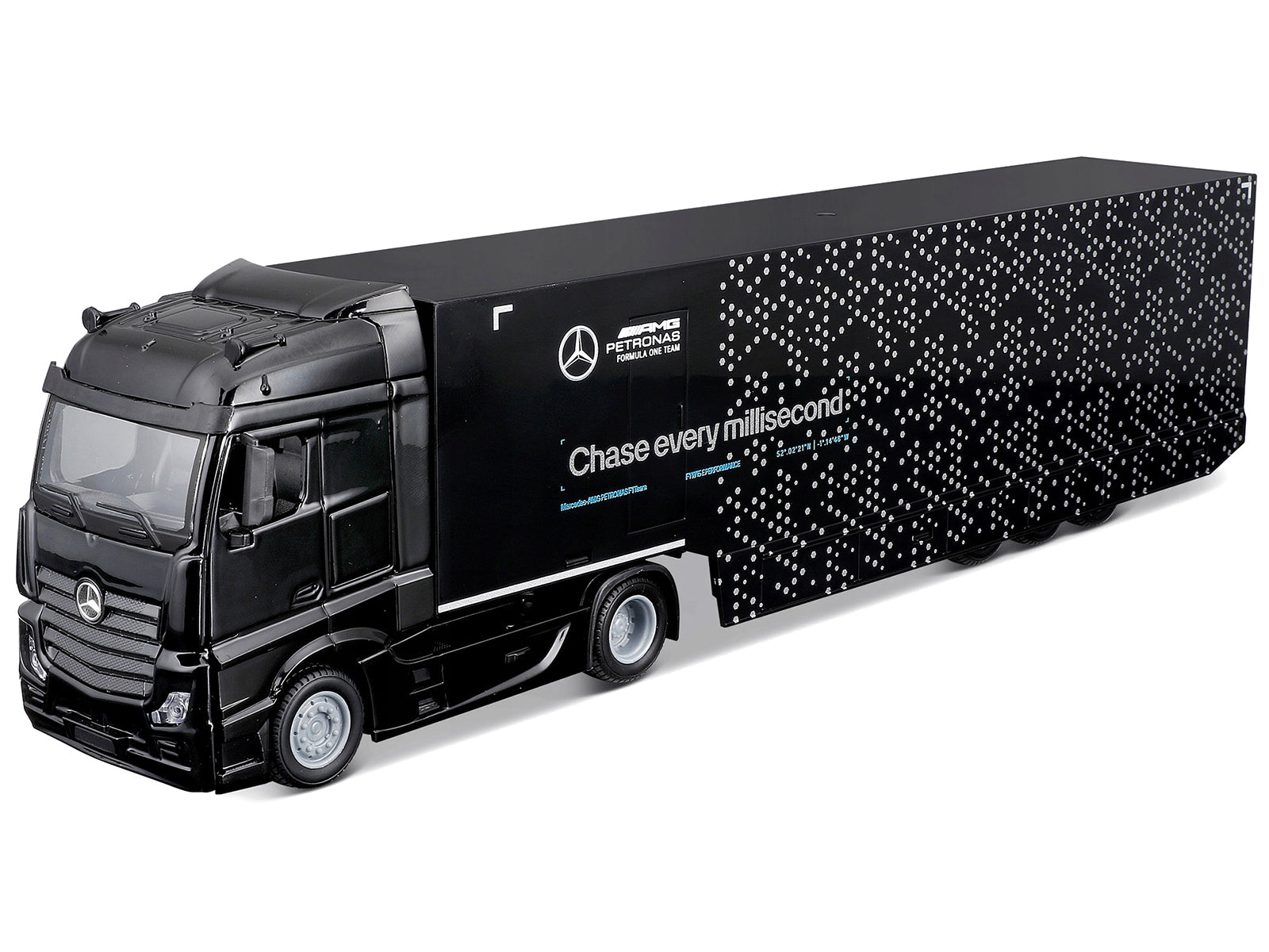 Mercedes-Benz Actros Gigaspace Car Transporter Black and Mercedes-AMG F1 W15 E Performance #63 George Russell "Petronas" Formula One F1 World Championship (2024) "Racing Hauler" Series 1/43 Diecast Model Car by Bburago