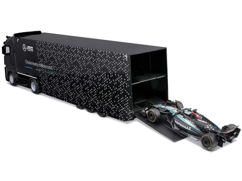 Mercedes-Benz Actros Gigaspace Car Transporter Black and Mercedes-AMG F1 W15 E Performance #63 George Russell "Petronas" Formula One F1 World Championship (2024) "Racing Hauler" Series 1/43 Diecast Model Car by Bburago