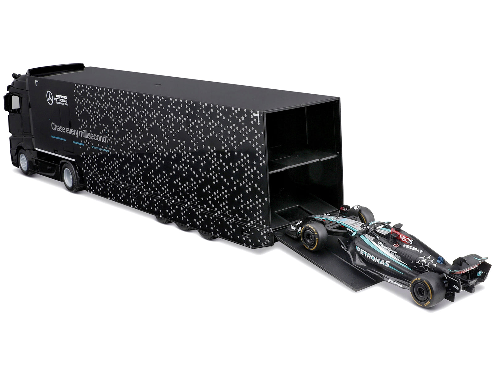 Mercedes-Benz Actros Gigaspace Car Transporter Black and Mercedes-AMG F1 W15 E Performance #63 George Russell "Petronas" Formula One F1 World Championship (2024) "Racing Hauler" Series 1/43 Diecast Model Car by Bburago
